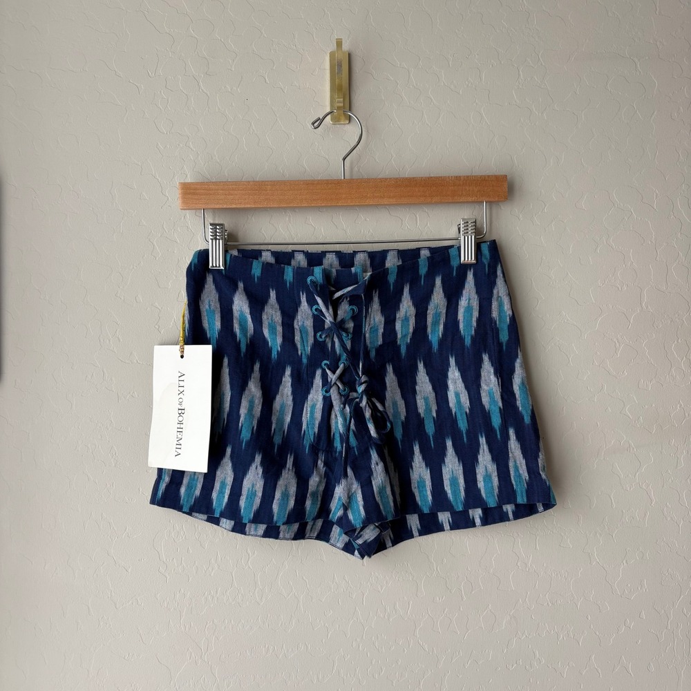 NWT‎ Alix Of Bohemia Shorts Blue Ikat Print Lace Up Cotton Shorts Size XS
